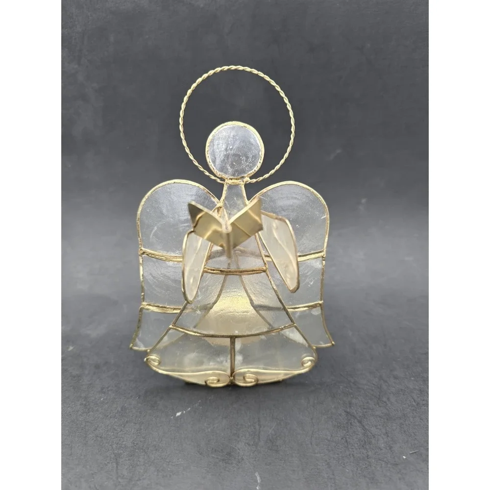 Capiz Shell Angel Tea Light Candle Holder Set Of 3 Gold Tone Wire Harp Book